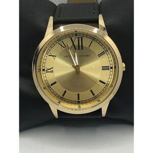 Anthony Jacobs Unisex Black Leather Analog Gold Dial Quartz Genuine Watch OP353